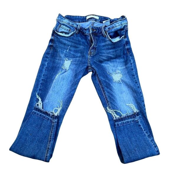 Eunina Low Rise Kitty Crop Raw Hem Distressed Skinny Jeans 27 - Picture 2 of 6